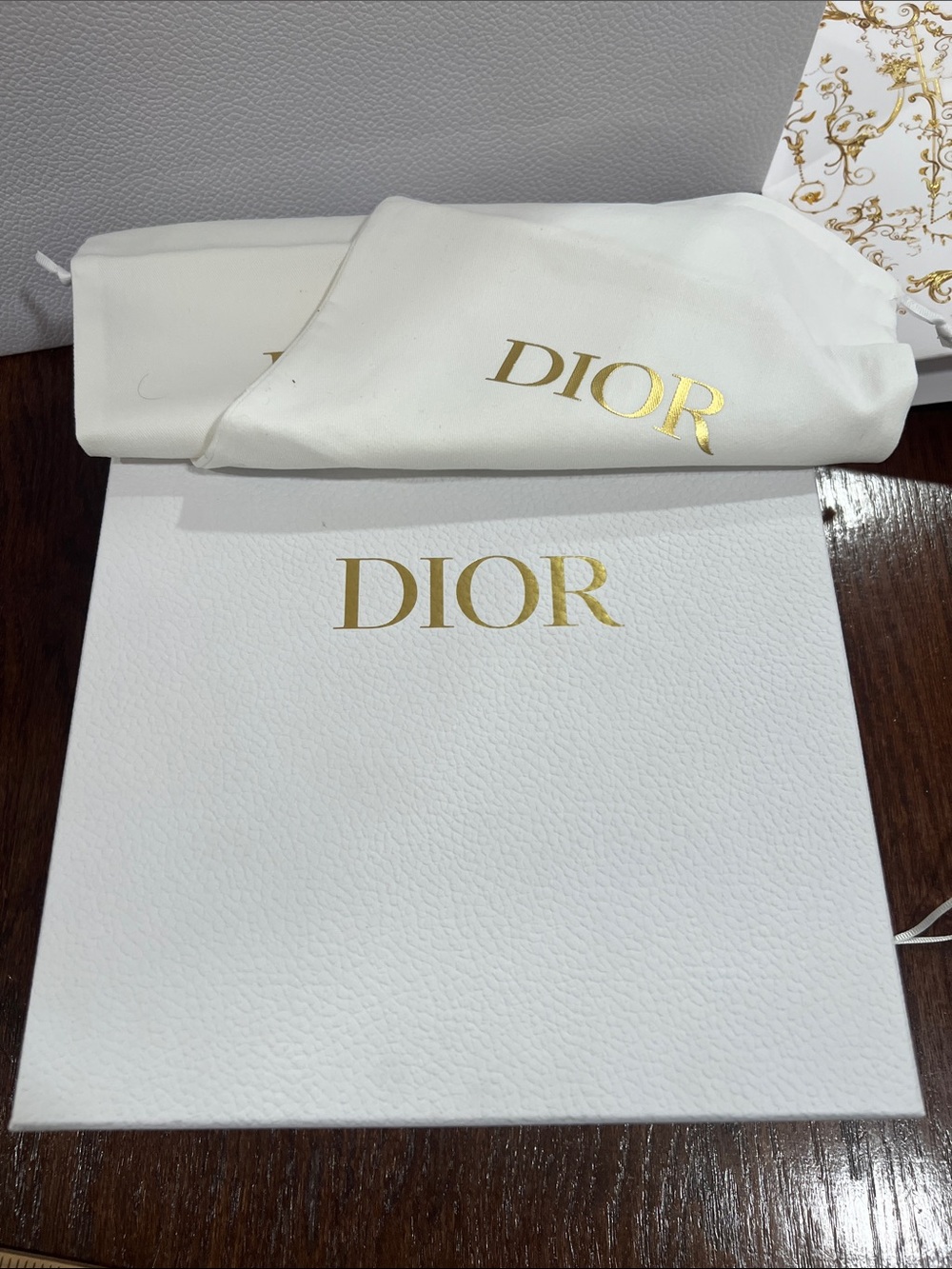 Dior White shoe Box and Gold-Logo Dust Bag Set with tissue paper